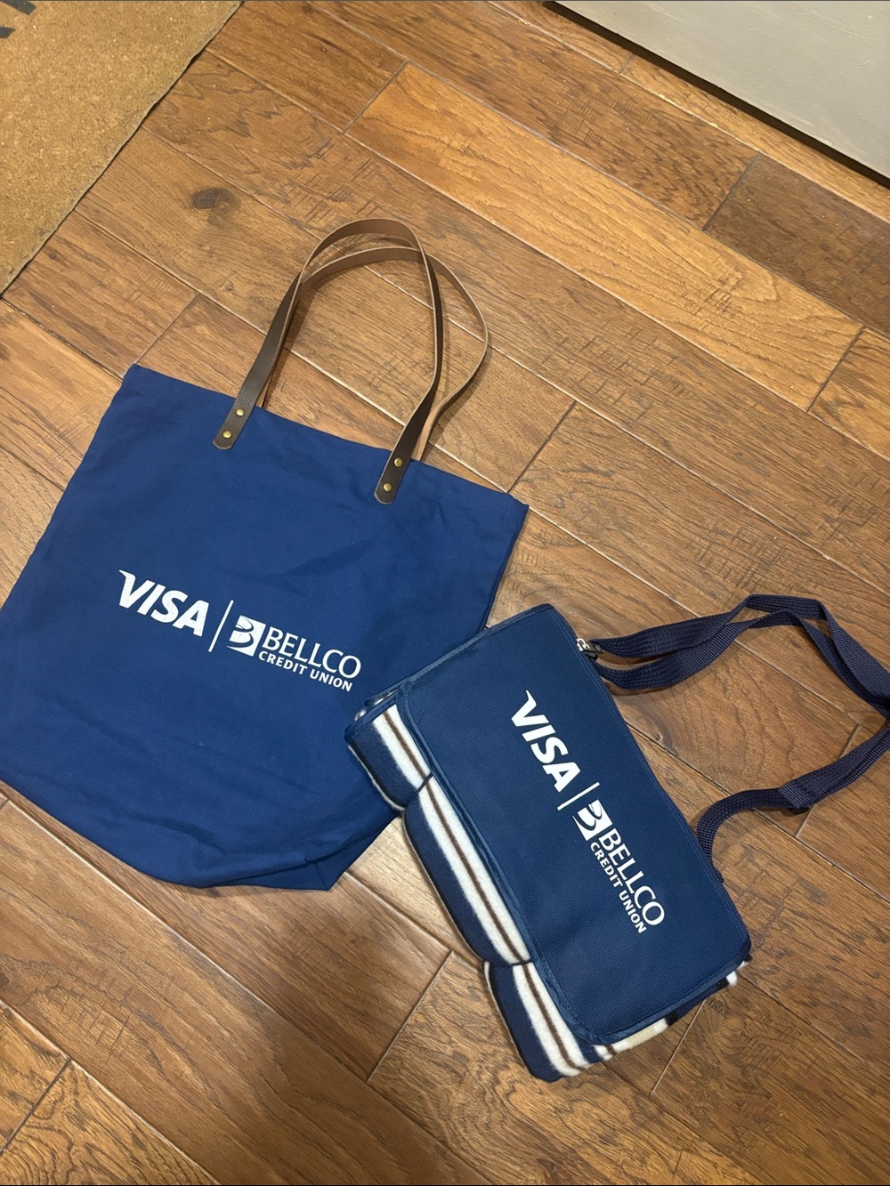Oniva Picnic Blanket Bellco Credit Union x Visa and Navy Canvas Tote